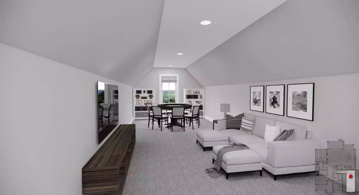 Vaulted Bonus Room with a Card Table, a Sectional, and Room to Breathe