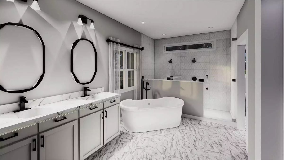 Octagonal Mirrors and Marble Floors Set the Tone in a Primary Bath