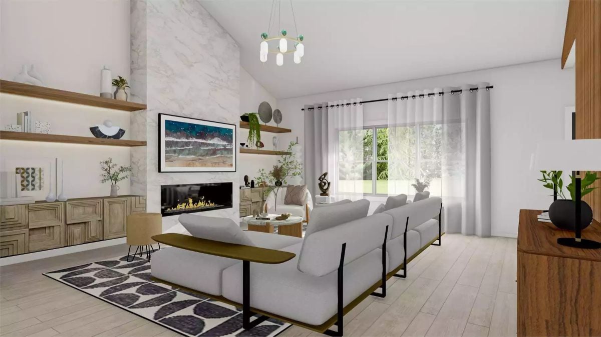 Marble Fireplace Wall and Floating Shelves Anchor an Open Living Room