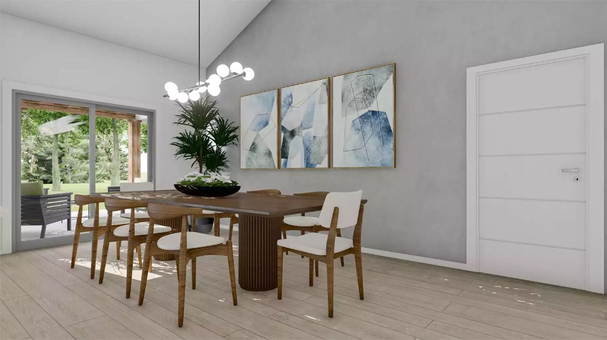 Vaulted Dining Room Pairs Fluted Pedestal Table with Globe Chandelier