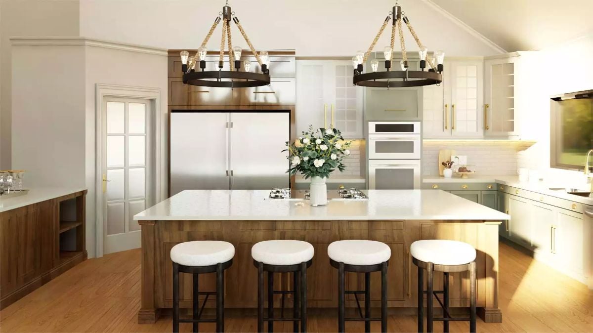 Rope Chandeliers and Quartz Countertops Ground This Farmhouse Kitchen