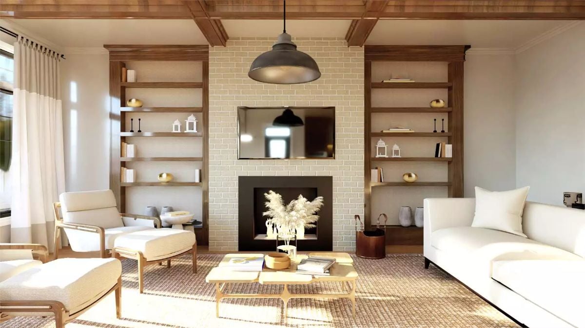Coffered Ceilings and Built-In Shelving Frame a Brick Fireplace Focal Wall