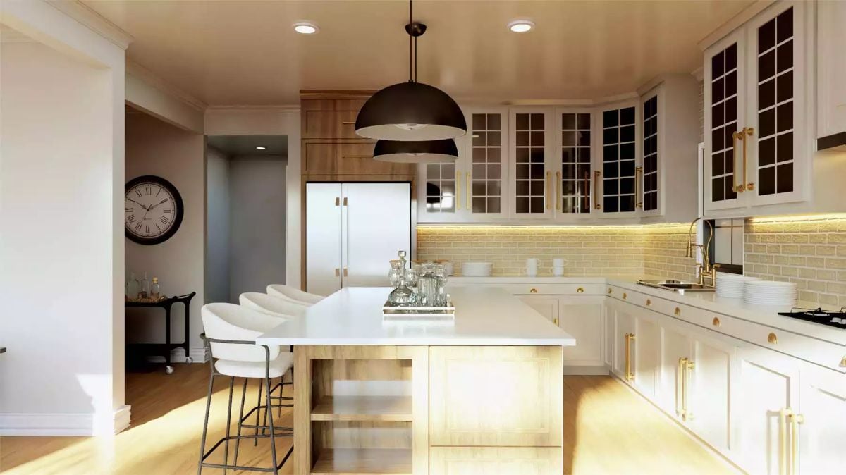 Pendant Lights and Gold Hardware Pull a Kitchen Between Two Design Eras