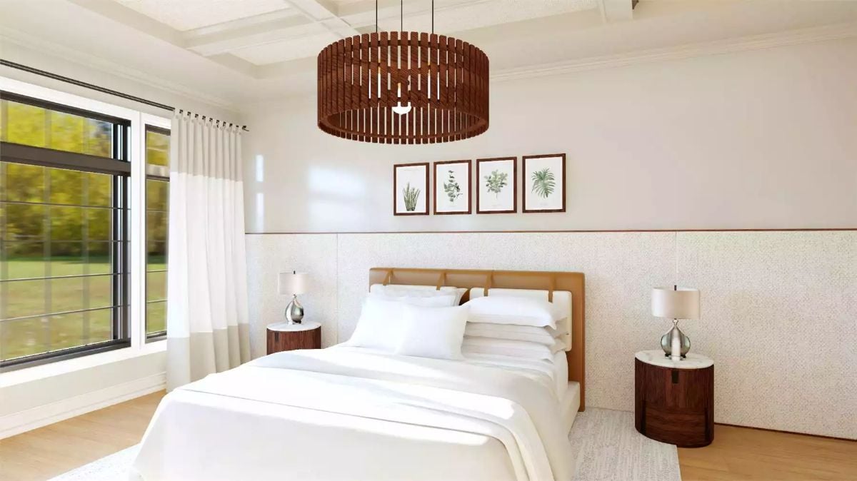 Drum Pendant in Walnut Slats Anchors a Bedroom Built Around Natural Wood Tones