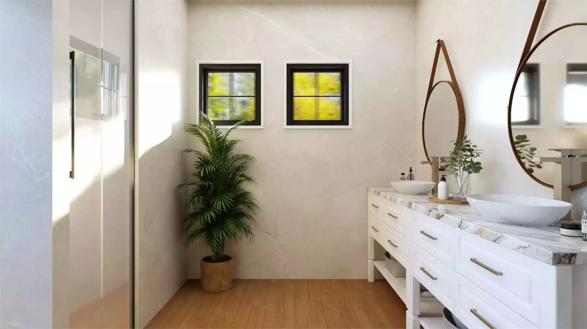 Vessel Sinks on Marble Float Above Drawers Built for a Double Vanity