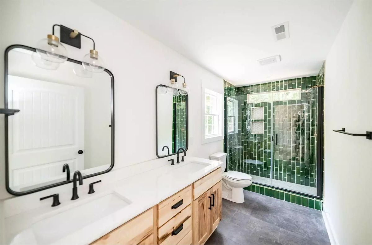 Bold Green Subway Tile Turns a Walk-In Shower Into the Focal Point