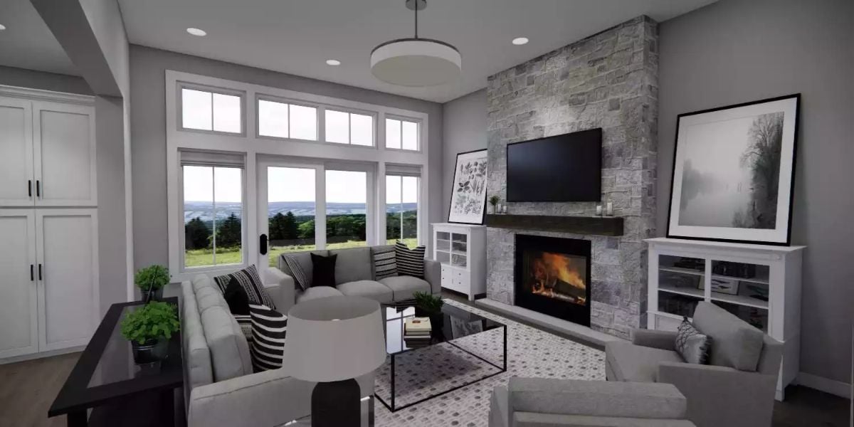 Stone Fireplace Wall Anchors a Gray Living Room with Panoramic Views