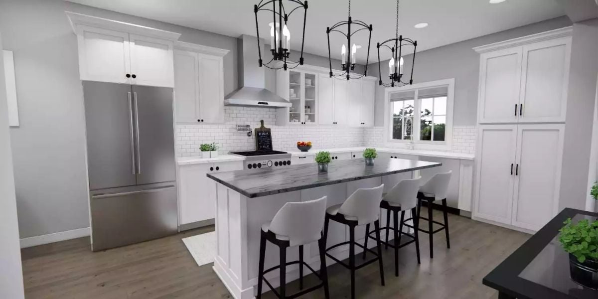 White Cabinetry and Black Iron Fixtures Define a Craftsman Kitchen
