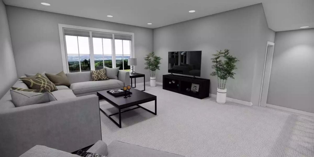 Carpet, Recessed Lighting, and Black Accents Ground a Neutral Living Room