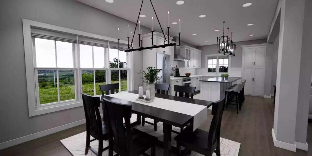 Candle Chandelier Draws the Eye Through an Open Kitchen and Dining Space