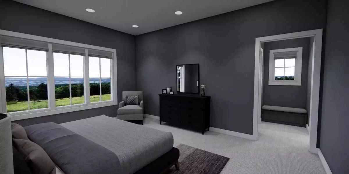Gray Walls and Carpet Ground a Master Bedroom with Panoramic Outdoor Views