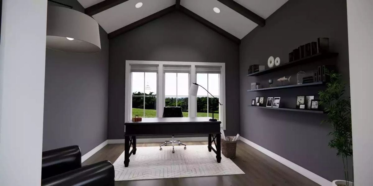 Vaulted Beams and Floating Shelves Define a Gray Home Office with Garden Views