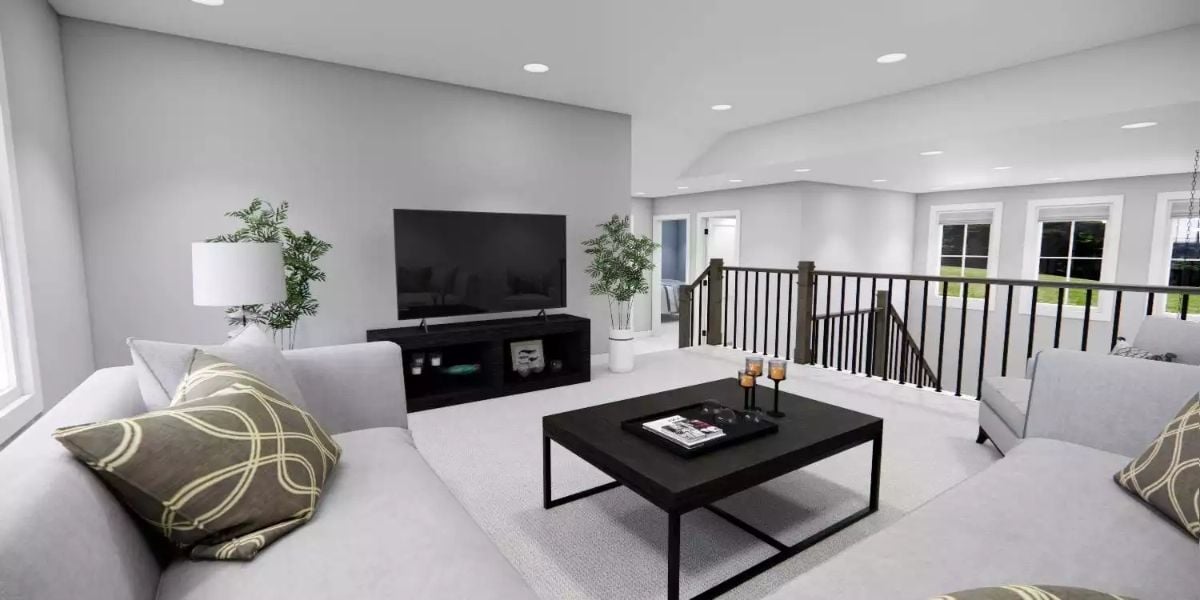 Loft Living Room Floats Above the Entry with Railings and Recessed Light
