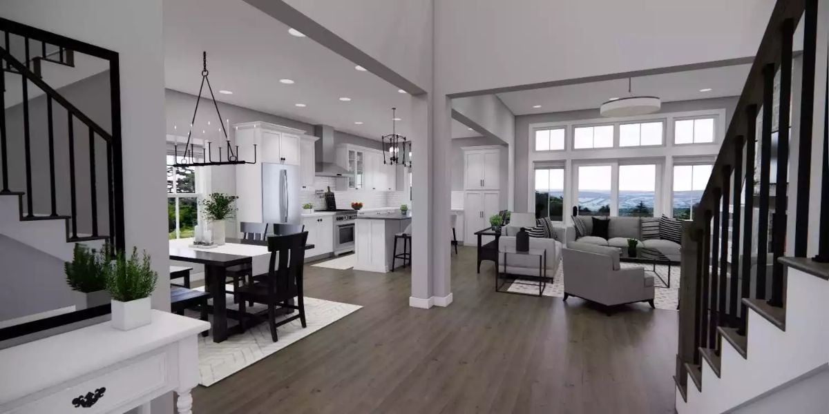 Open-Concept Main Floor Balances Dark Wood Against White Cabinetry