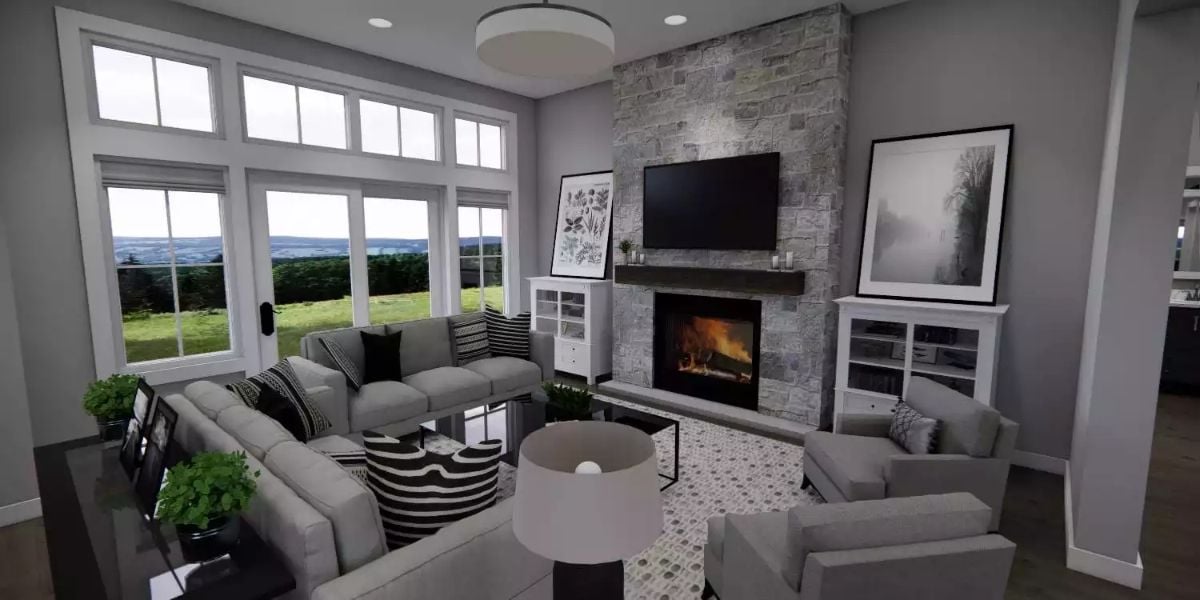 Stone Fireplace Wall Anchors a Gray Living Room with Panoramic Views