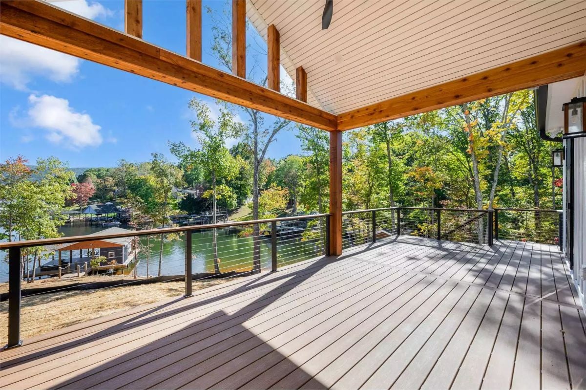 Cable Rail and Wood Beams Frame a Lakefront Deck Built for the View