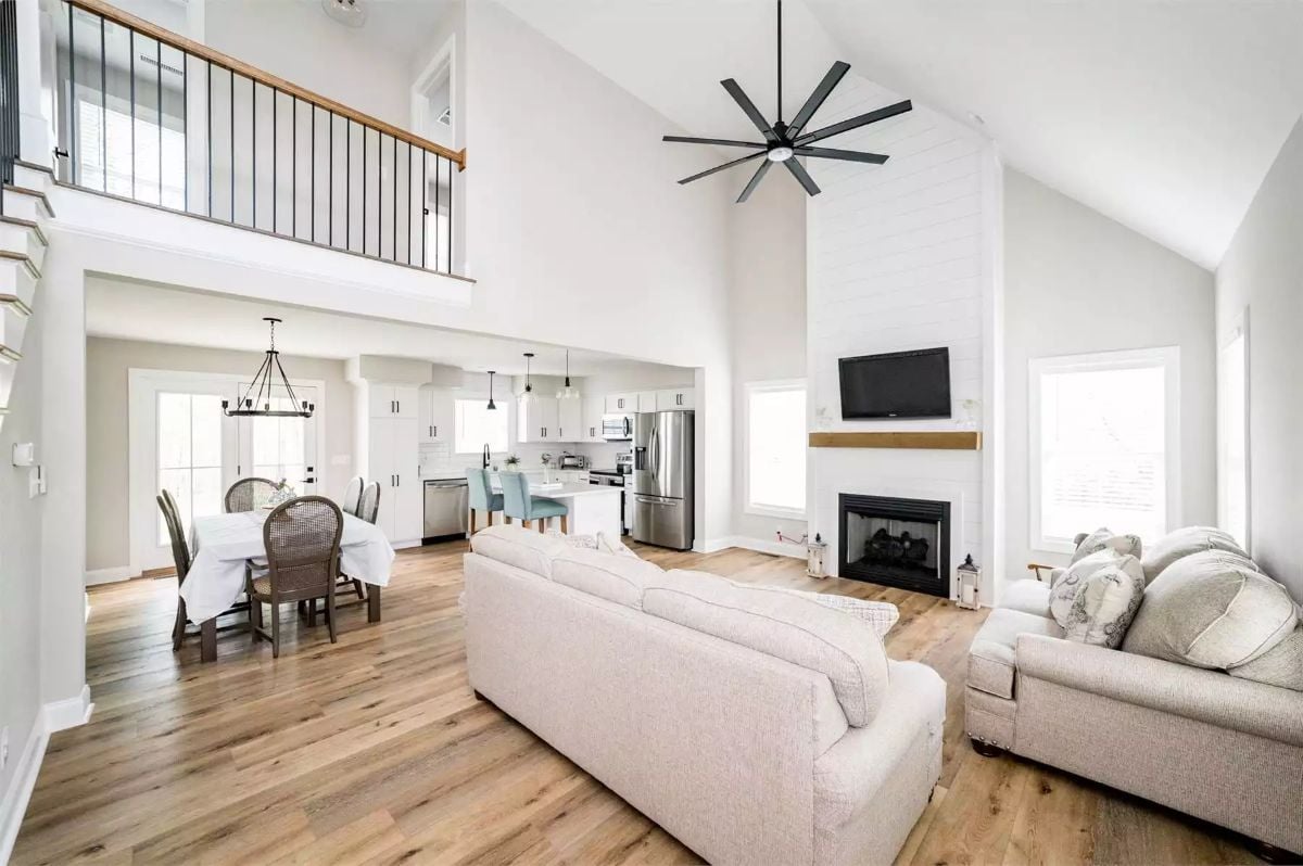 Vaulted Ceilings and Shiplap Define This Open-Concept Living Space