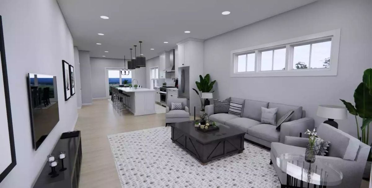 Open-Concept Living Flows Into a White Kitchen With Island Seating