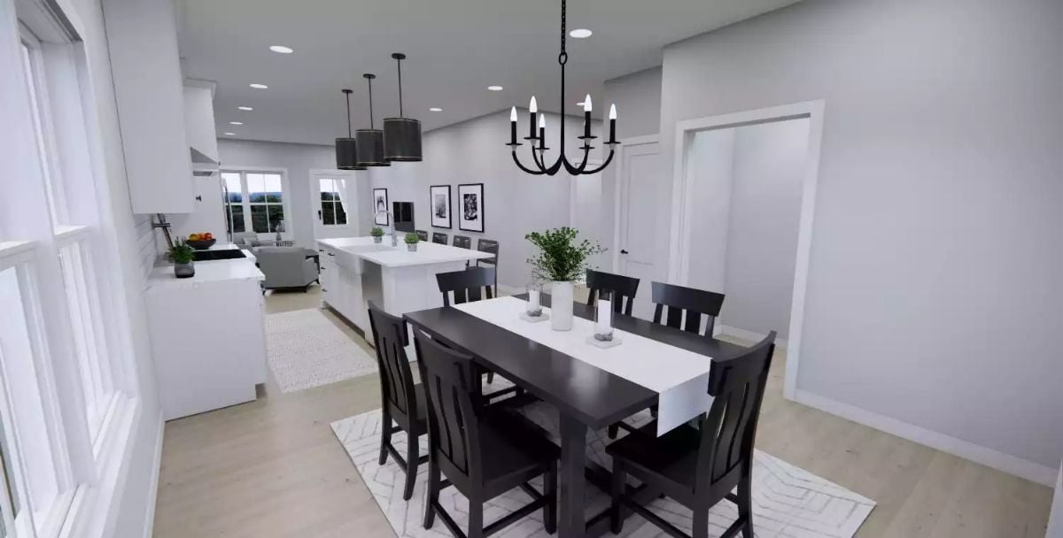 Dark Wood Dining Table Anchors an Open-Concept Space With Chandelier Drama