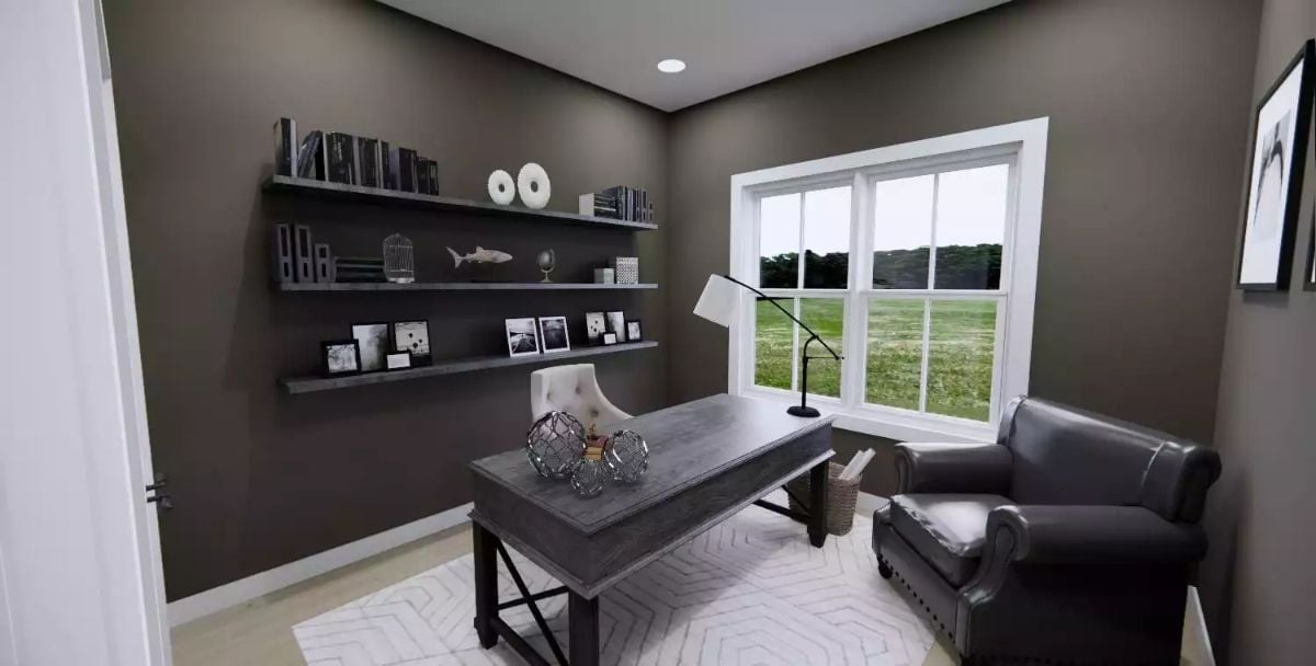 Floating Shelves and Leather Seating Define a Home Office Built for Focus