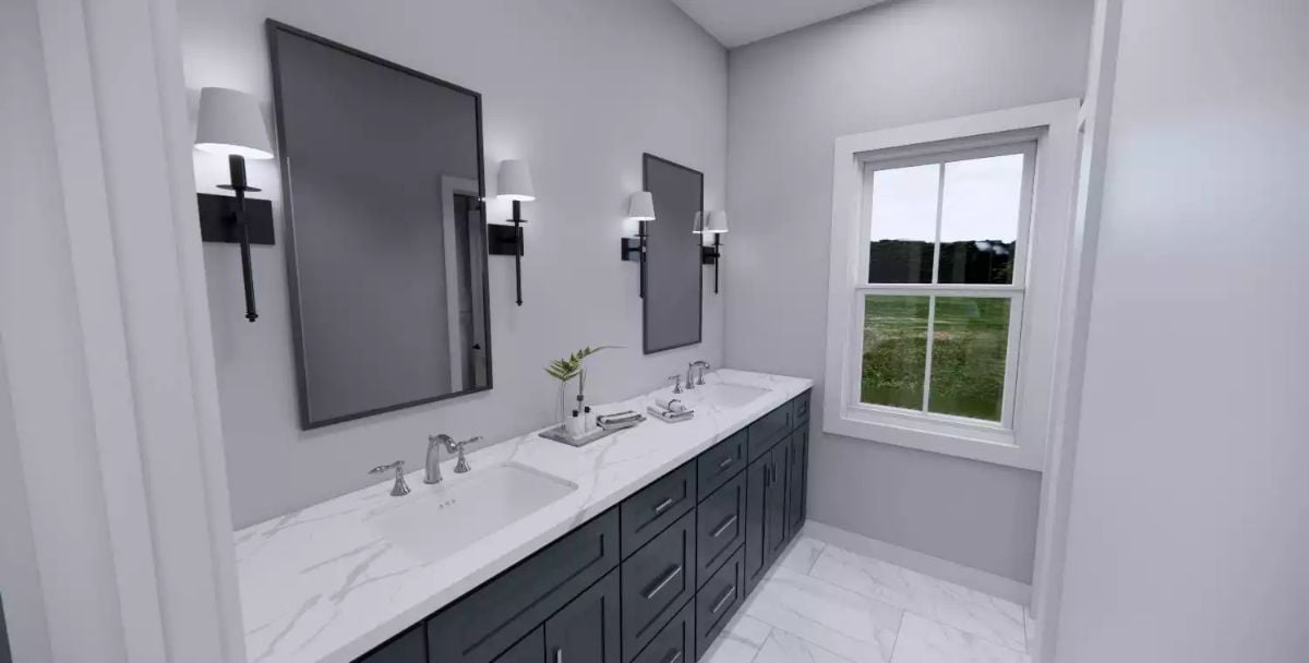 Dark Vanity Cabinets and Marble Counters Bring Contrast to a Double Sink Bath