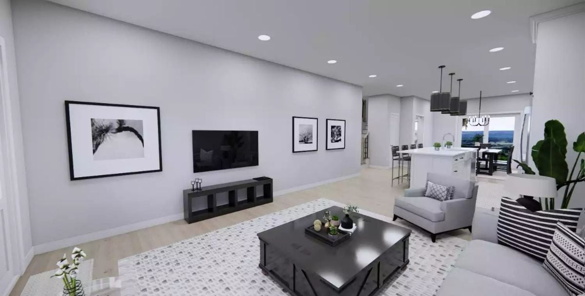 Monochrome Living Space Opens Into Kitchen With Pendant Lighting