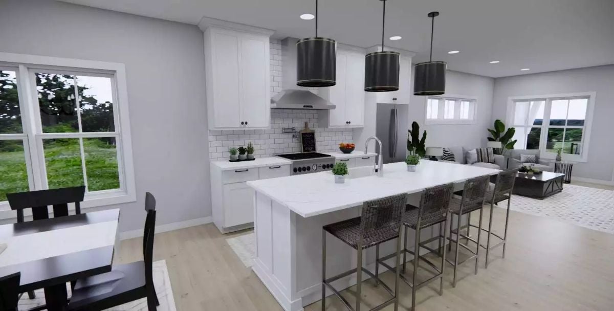 Open-Concept Kitchen Pairs White Cabinetry With Drum Pendant Lights