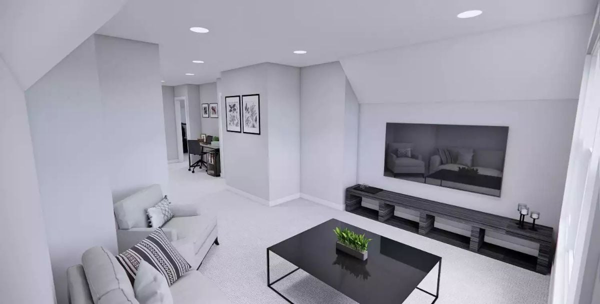 Loft Living Room Keeps It Minimal With Dark Media Console and Carpet