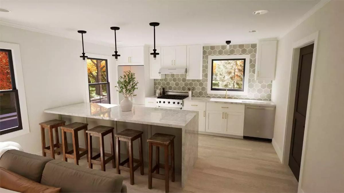 Marble Island, Wood Stools, and Hexagon Tile That Earns Its Place