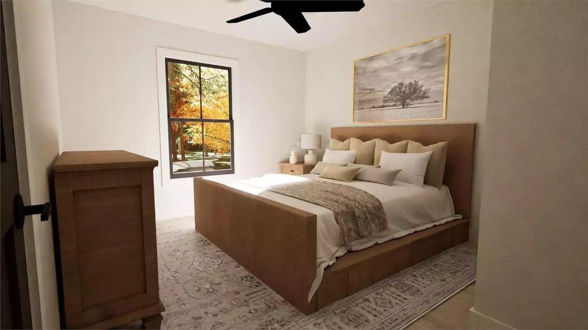 Warm Wood Bed Frame, Layered Linens, and a Window That Earns Its Keep