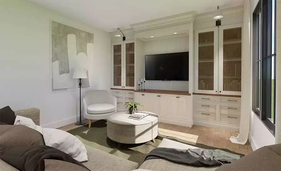 Built-In Cabinetry Wall Anchors a Soft, Neutral Living Space