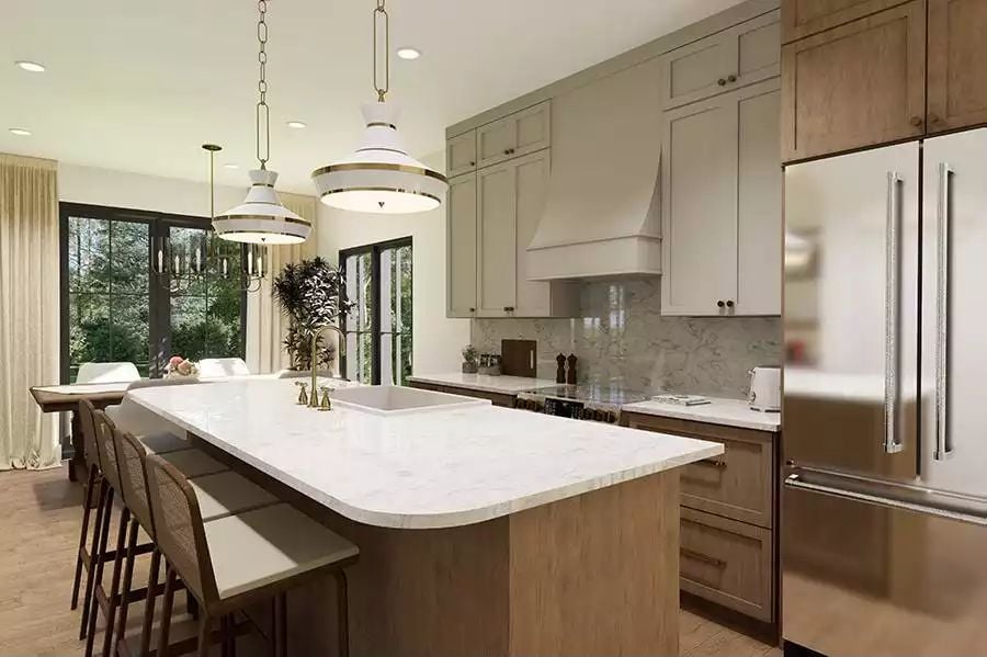 Marble Countertops and Brass Fixtures Set the Tone in an Open Kitchen