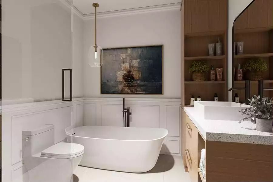 Freestanding Tub and Framed Artwork Bring Depth to a Spa-Style Bathroom