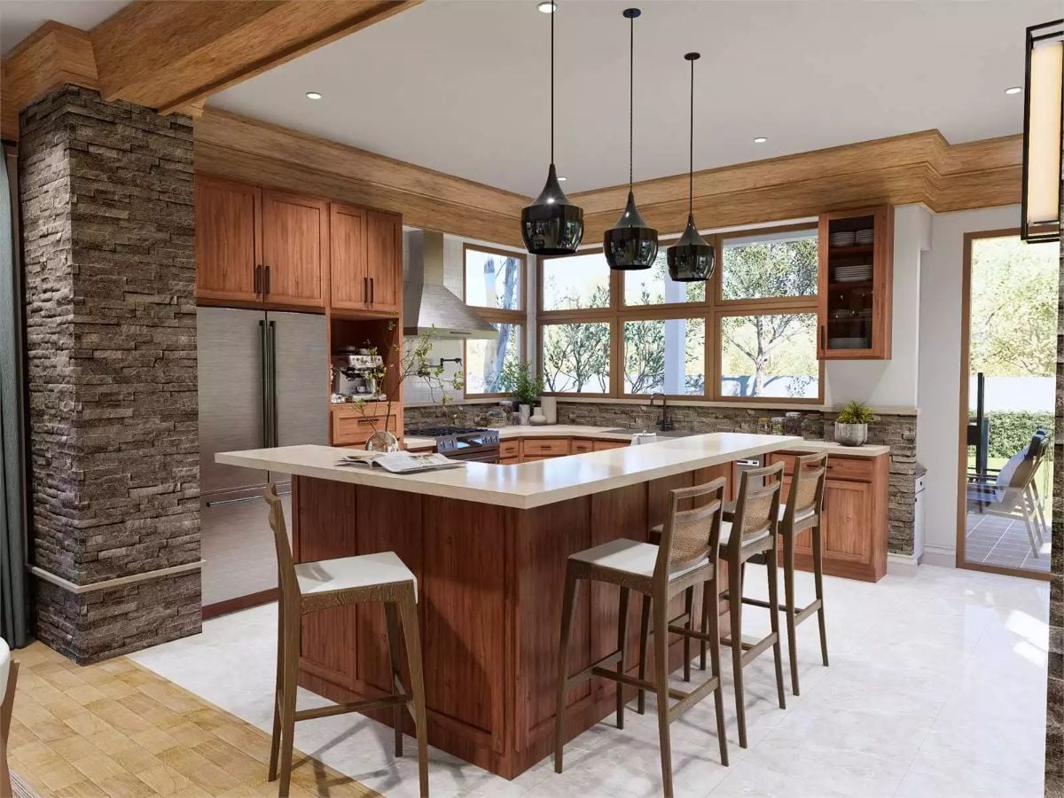 Stacked Stone Columns and Warm Wood Cabinets Shape a Kitchen Built to Last