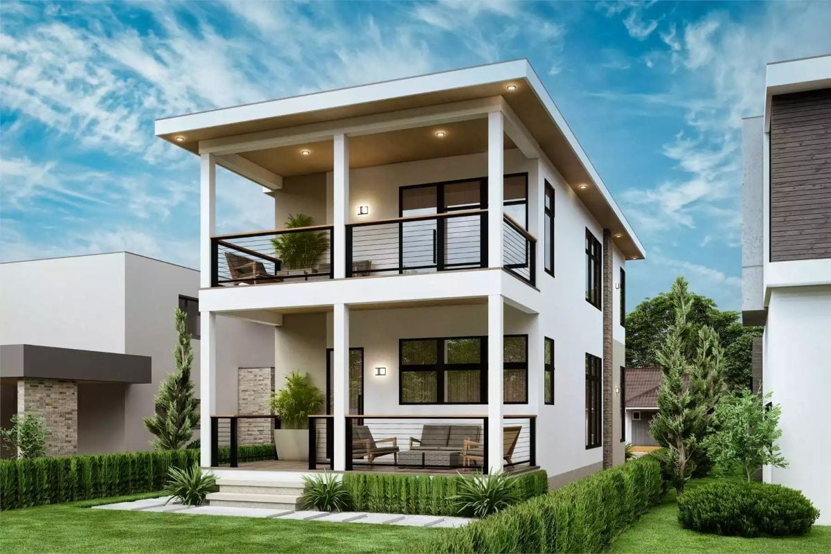 Stacked Porches Define the Front Facade of This White Modern Build