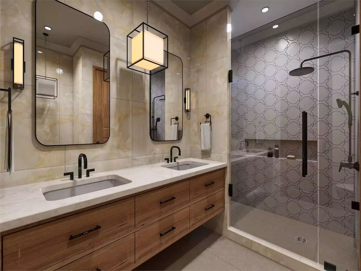 Moroccan-Pattern Shower Tiles Pull Focus in a Double-Vanity Primary Bath