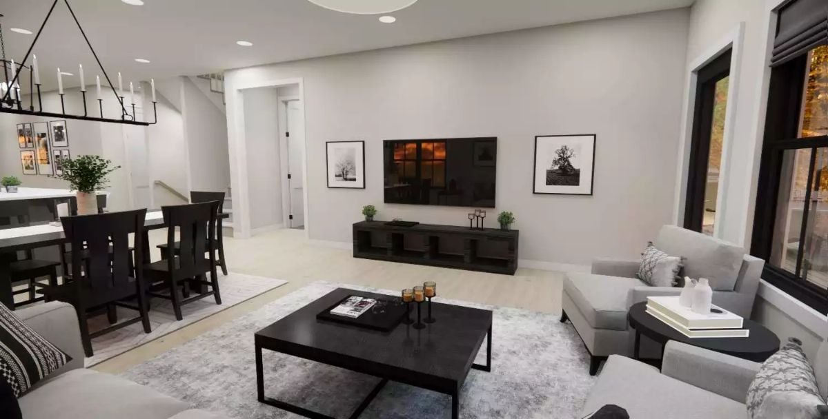 Black, White, and Gray Done Right in This Open-Concept Living Space