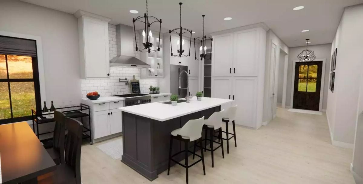 Charcoal Island Base Against White Cabinetry Defines This Kitchen's Contrast