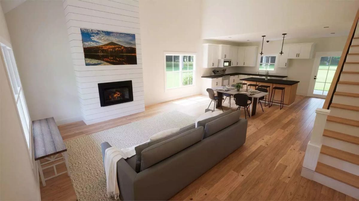 Open-Concept Living Anchored by a Shiplap Fireplace Wall