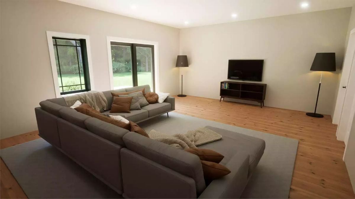 Gray Sectional, Warm Wood, and a View That Does the Work