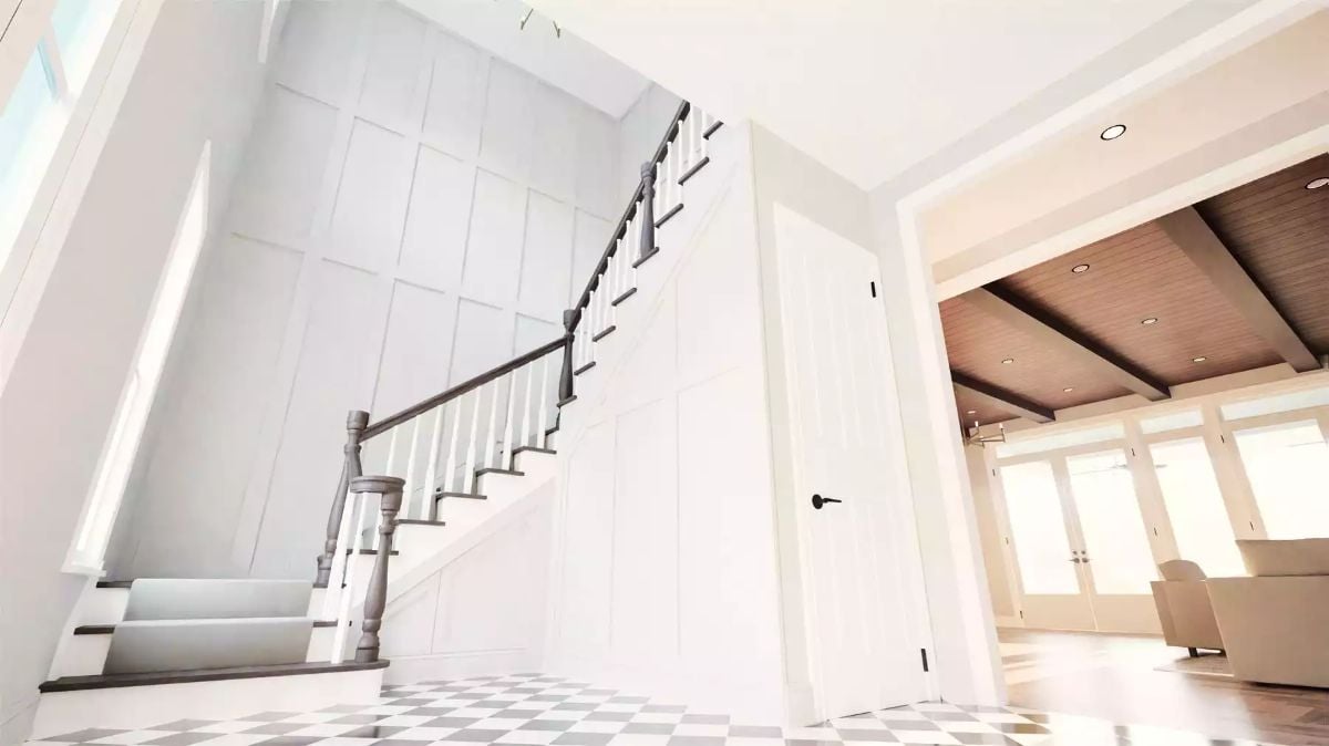 Checkered Foyer Floor Sets the Tone Before You Reach the First Step