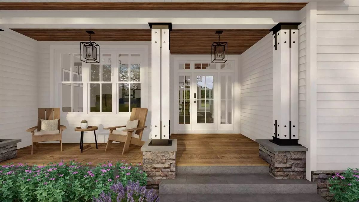Craftsman Porch with Stone Column Bases and Black Iron Hardware