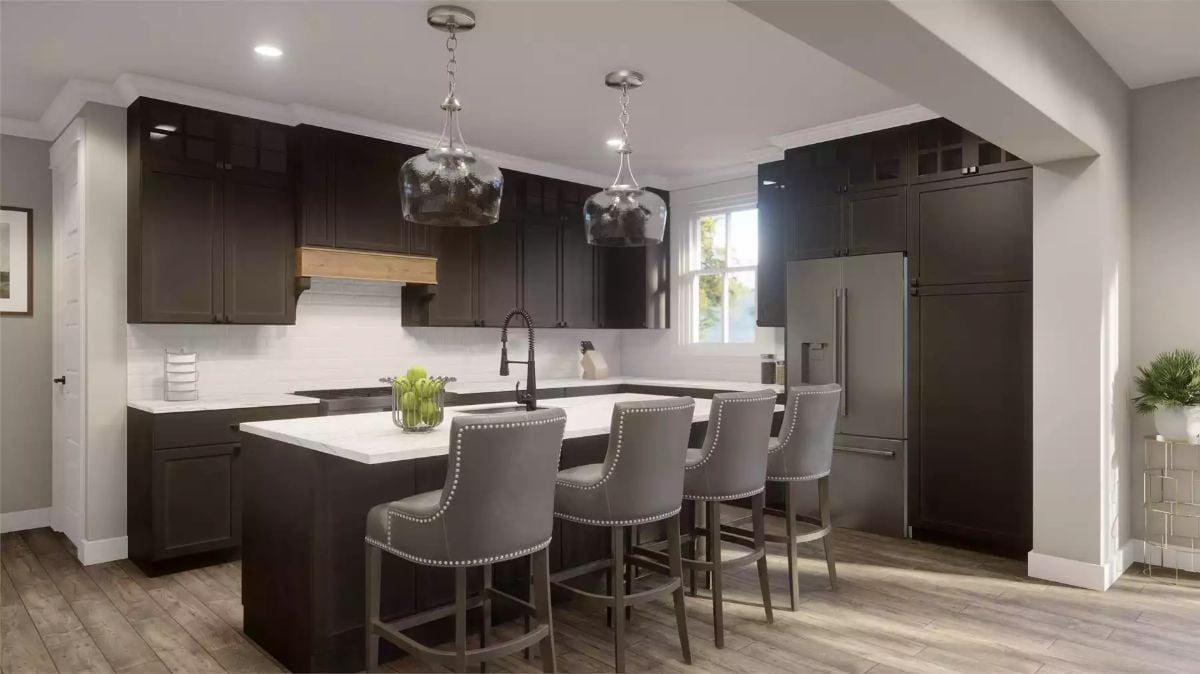 Moody Cabinetry and Quartz Counters Define This Kitchen Island Layout