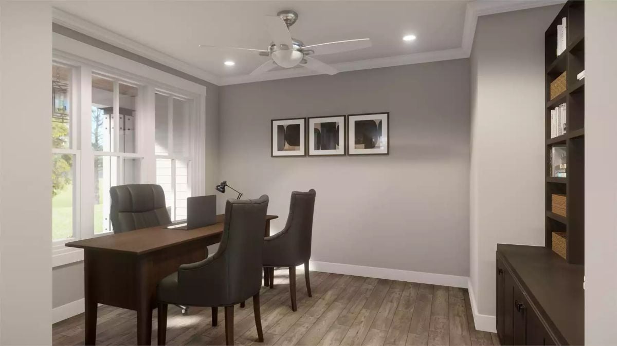Recessed Lighting and a Tray Ceiling Give This Home Office a Polished Edge