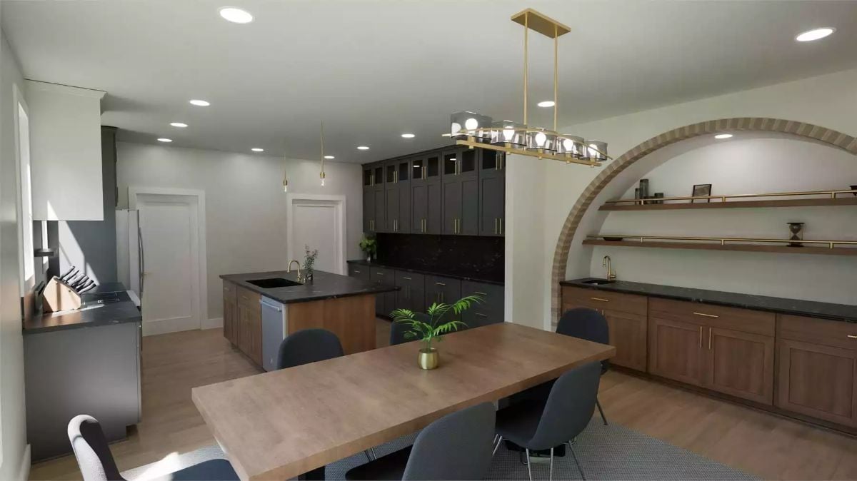 Gold Hardware and Dark Cabinetry Give This Kitchen-Dining Space a Bold Two-Tone Edge