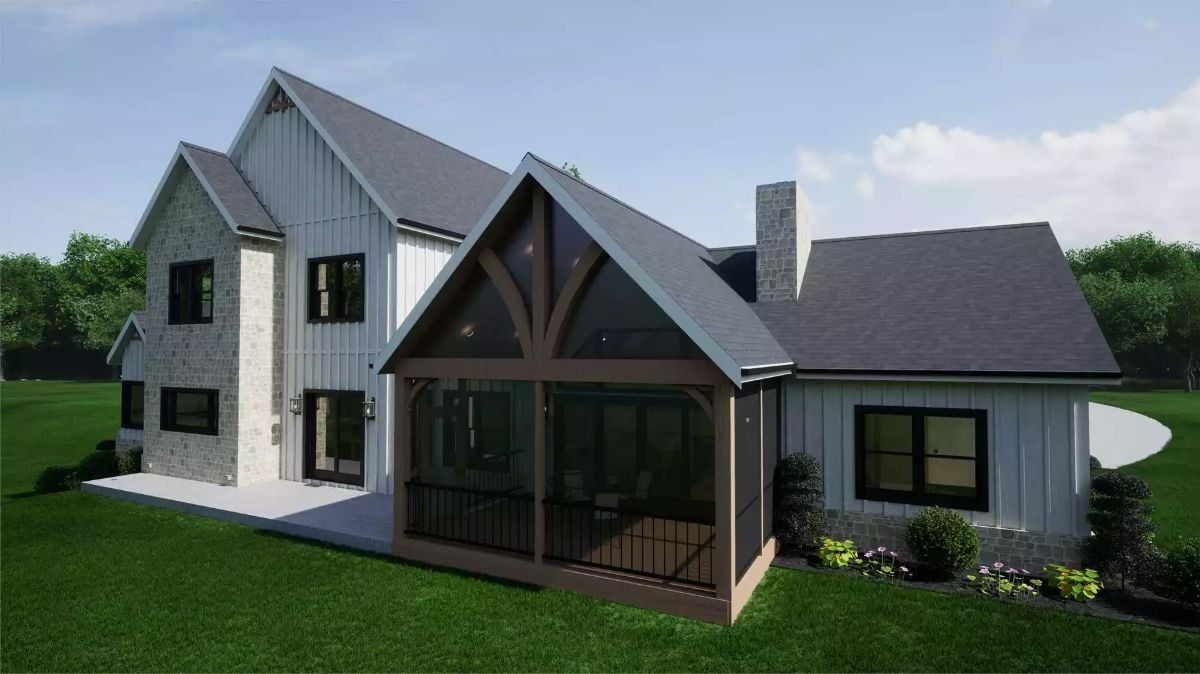 Covered Porch with Timber Frame Gable Anchors the Rear Elevation