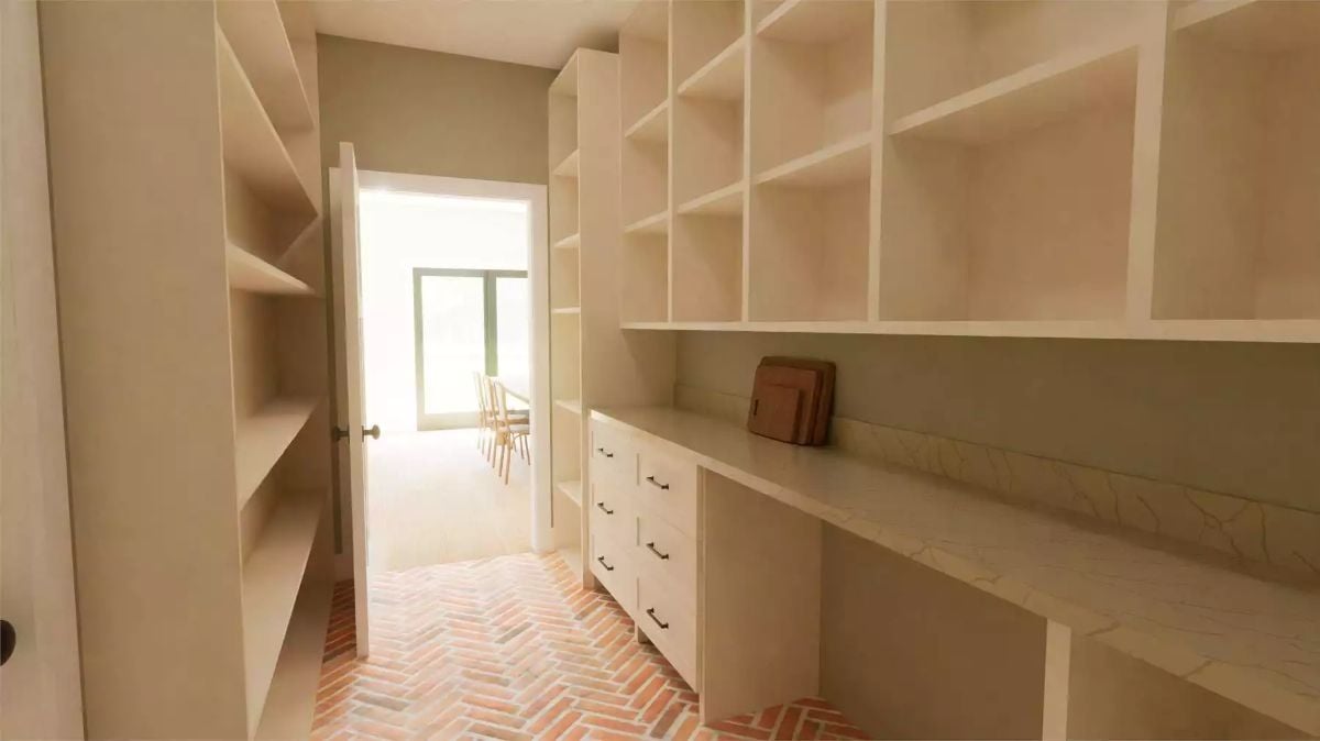 Herringbone Brick Floor and Built-In Shelving Shape a Pantry Worth Lingering In