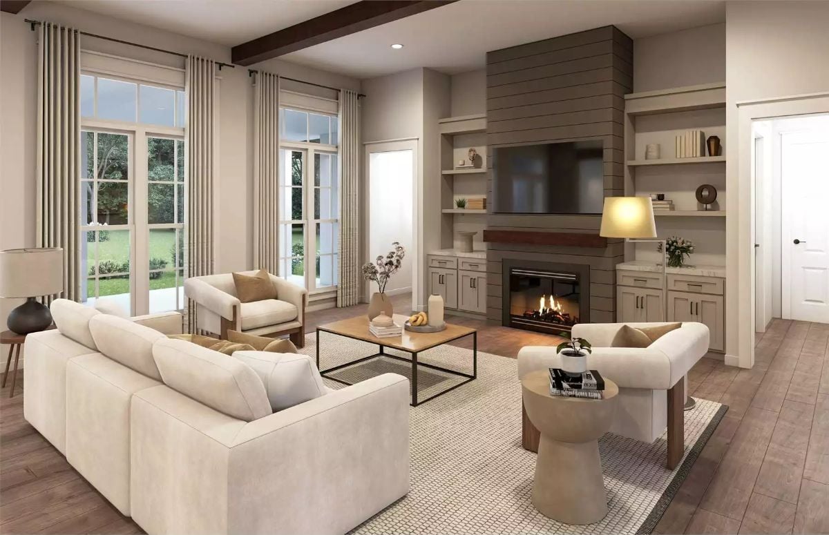 Cream Sofas, Shiplap Surround, and a Fire That Does the Heavy Lifting