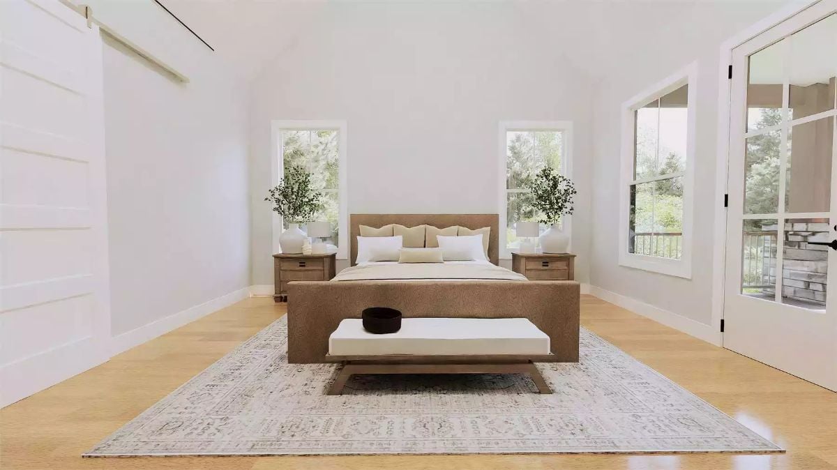 Linen Bedding and Warm Oak Tones Set a Calm Tone in the Primary Suite