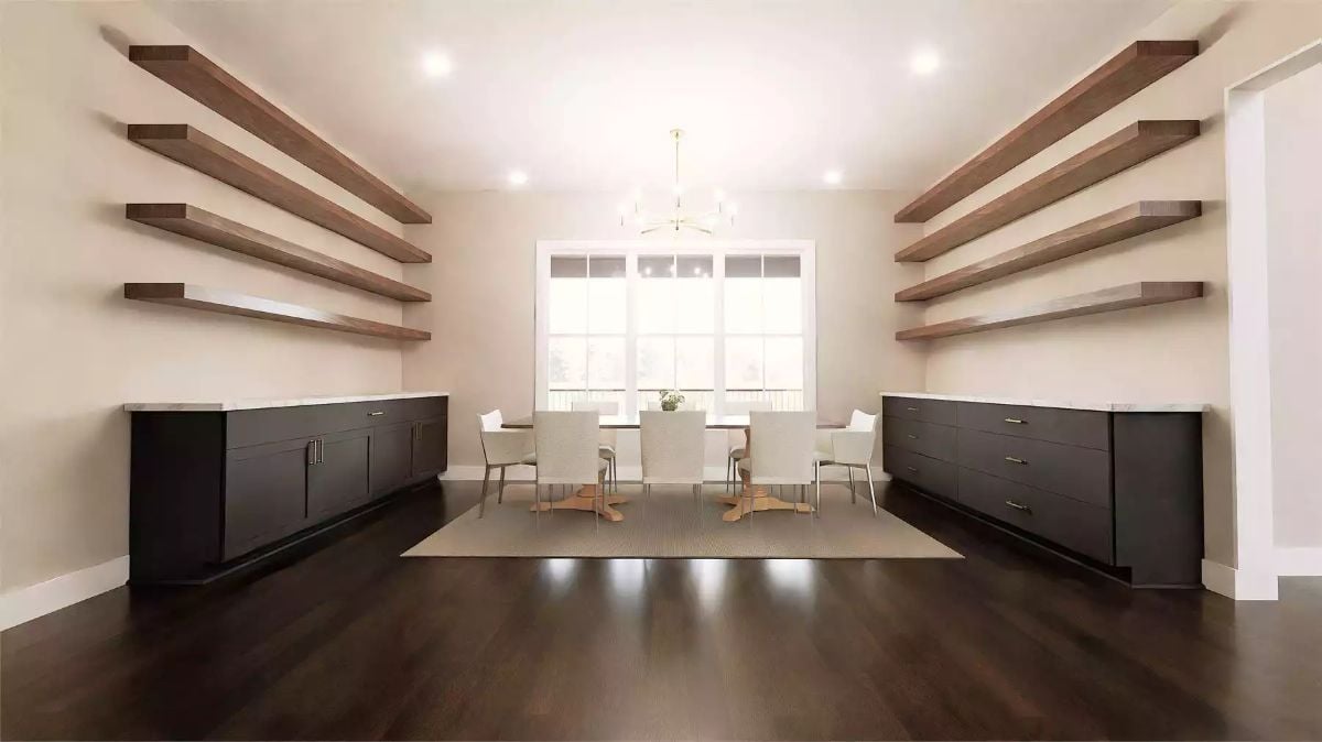 Floating Walnut Shelves and Marble-Top Sideboards Define a Formal Dining Room